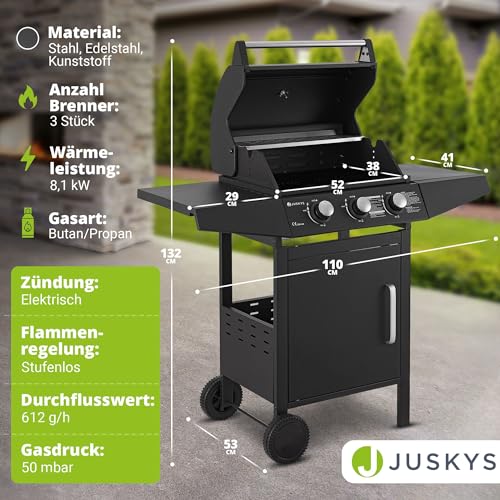 Juskys Gasgrill Louisiana 3 Brenner 8,1 kW – BBQ Grillwagen mit Deckel, Grillrost & Warmhalterost,...