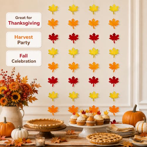 Image of Fall Decor - Maple Leaves Fall Garland for Thanksgiving Decorations | Red Orange Yellow Fall Leaves Hanging Banner - Thanksgiving Party Favors for Door Wall Home Doorway Backdrop Supplies Decor
