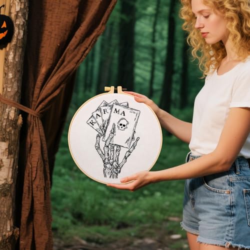 Image of Gothic Tarot Embroidery Kits for Beginners Adults, Halloween Hand Bone Embroidery Starter Kits, Skull Cross Stitch Kits for Beginner Adults Hobbies for Women, Embroidery Fabric, Hoops & Video Tutorial