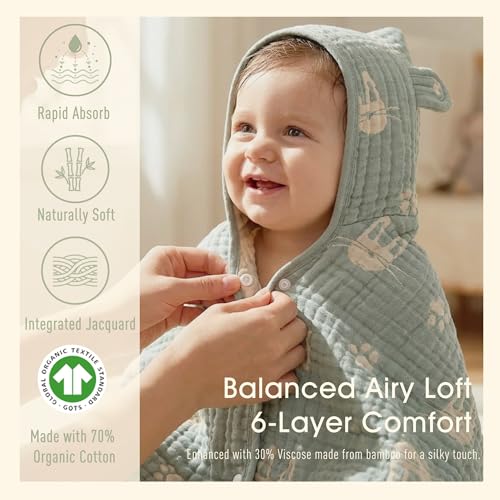 Image of Ultra-Soft Muslin Hooded Towel - 55 x 28 Inches, Made with Organic Cotton, Soft Sage Green Bunny Jacquard with Chest Snap, Ideal for Bath & Beach, for Kids Aged 0-3