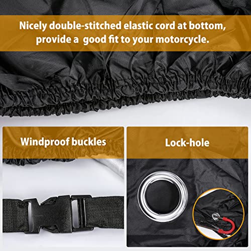 Motorcycle Cover All Season Universal Weather Waterproof Motorbike Cover with Lock-Holes & Storage Bag XXL Motorcycles Vehicle Cover for Harley Davidson, Honda, Suzuki, Kawasaki, Yamaha
