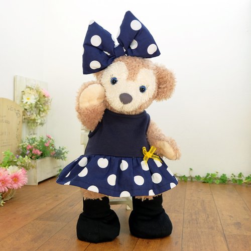 cushu cush ダッフィー シェリーメイ ぬいぐるみ用 着せ替え 洋服 コスチューム 紺水玉 ワンピース と リボン ヘアゴム の4点セット cds233Sb