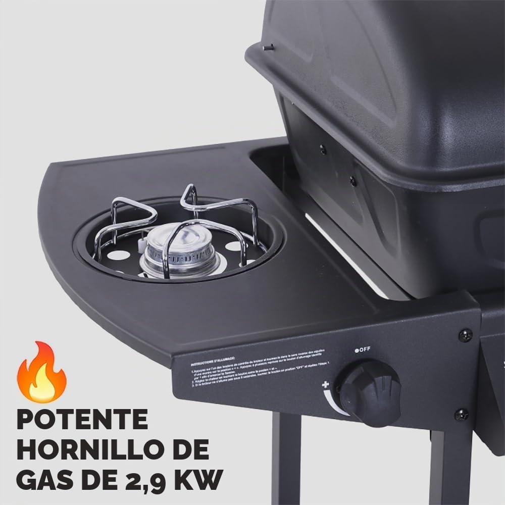 Bakaji - Barbacoa de gas y piedra volcánica con 2 fuegos, parrilla de acero inoxidable con superficie de apoyo y hornillo lateral, 2 ruedas y tapa Grill BBQ para exterior, jardín, terraza