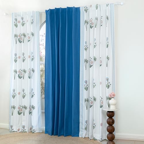 Image of Tranquebar Curtain Co. Window Curtains 5 Feet, 60-65% Room Darkening, Blue Ethnic Curtains Palms Print, Cotton Curtains for Window, Cotton Curtains 5 Feet Set of 3, BackTabs, Bagh Blue Combo (152 cm)