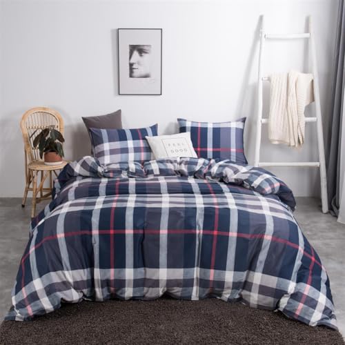 CLOTHKNOW Navy Blue Plaid Twin Duvet Cover Sets 3Pcs Geometric Bedding Sets Kids Boys Grils Duvet Cover Sets with Zipper Closure with 2 Pillowcases