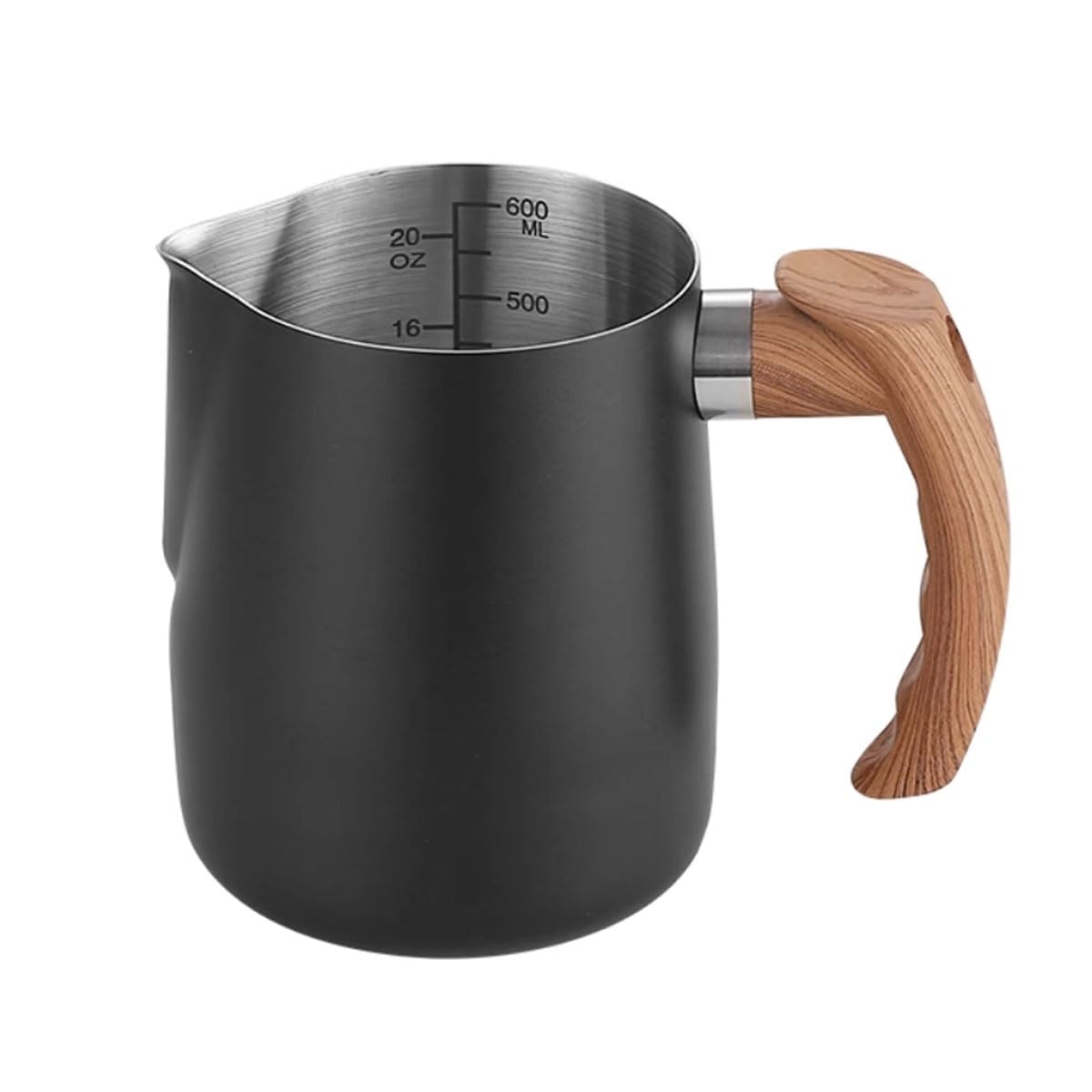 Pot À Lait Lait Pichet Pichet Tasse Pichet À Lait En Acier Inoxydable 20oz 30oz Outils De Barista, Gobelet À Lait Pour Latte Art,Pichet À Mesurer En Métal, Poignée En Bois ( Color : Nero , Size : 600m