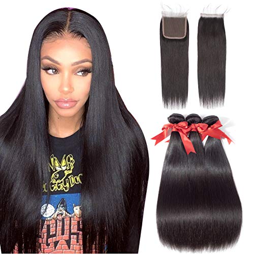 ALLRUN Straight Hair Bundles with Closure Free Part Lace Closure Human Hair Extensions Natural Black Color (18 20 22+16closure, Free Part)
