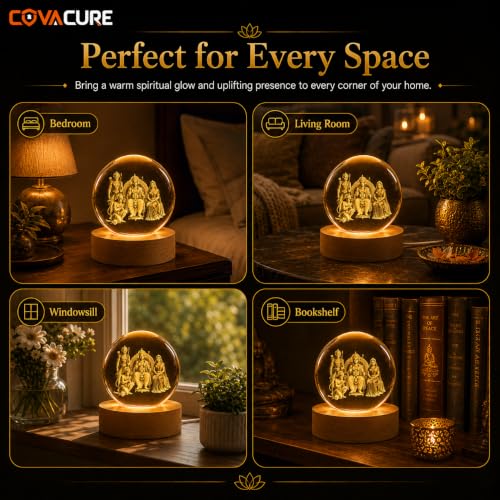 Image of COVACURE 3D Ram Darbar Idol Crystal Ball Night Lamp, 2.4 Inch Ram Darbar with Ram, Laxman, Sita and Hanuman Murti Idol Statue Crystal Ball Night Light for Home & Office Desk Decor, Spiritual Showpiece