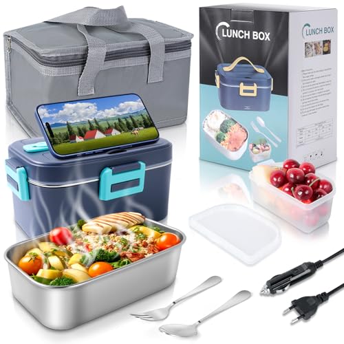 Romon Scaldavivande Elettrico Portatile, 75W Scalda Vivande Portatile con Forchetta e Cucchiaio, 1.8L Porta Pranzo Termico 3 in 1(12V/24V/220V) per Auto Camion e Ufficio Lunch Box Riscaldatore