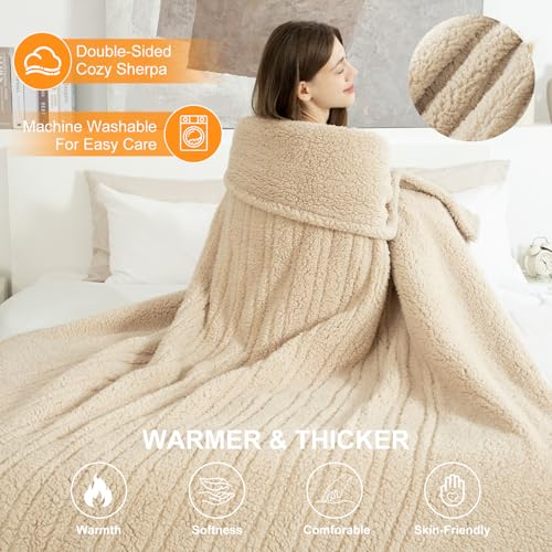 Electric Blanket Twin 62"X84"- Soft Double Sided Sherpa Heated Blanket Twin with 5 Heatings Levels & 10 hrs Auto Shut Off, Fast Heating & ETL Certified, Gift for Women(Beige)