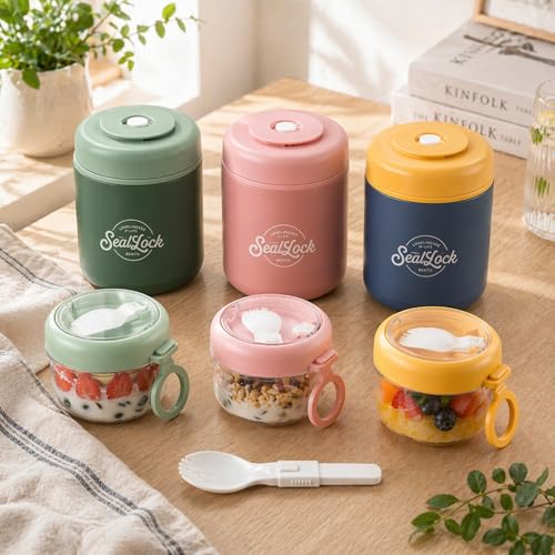 Image of 2 Layer Insulated Lunch Box with Airtight Snack Container & Spoon | Leakproof Bento Lunch Jar | 304 Stainless Steel Inner | Portable Food Container for Office, School, Travel (Green - 860ml)
