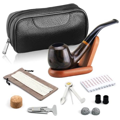 Joyoldelf Handmade Tobacco Pipe Set, Ebony Wood Smoking Pipe with Leather Pipe Pouch, 3 in 1 Scraper, 9mm Filter, Pipe Stand and Other Smoking Accessories