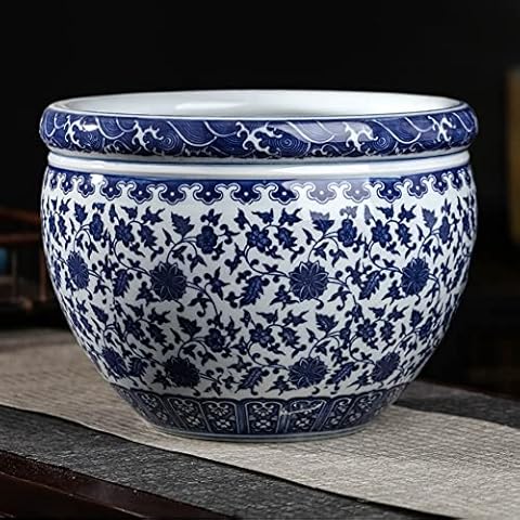 Mrdsre Ceramic Flower Pots Chinese Style Blue And White Porcelain Fish Bowl Flower Pot Plant Pot Antique Home Decoration Ornaments Indoor/Outdoor Flower Pot - Blue Flower Print Design, 30.5CM Cover