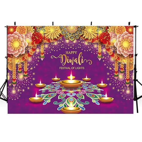 Image of 7x5ft Diwali Backdrop Fabric Purple Happy Diwali Festival of Lights Photography Background Extra Large Banner Room Decor
