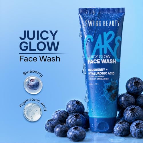 Image of Swiss Beauty Care Juicy Glow Face Wash | Blueberry + Hyaluronic Acid| Removes Dirt & Grime | Thick, Gel-Based Texture |Improves Skin Texture | Deeply Nourishes | Gently Exfoliates