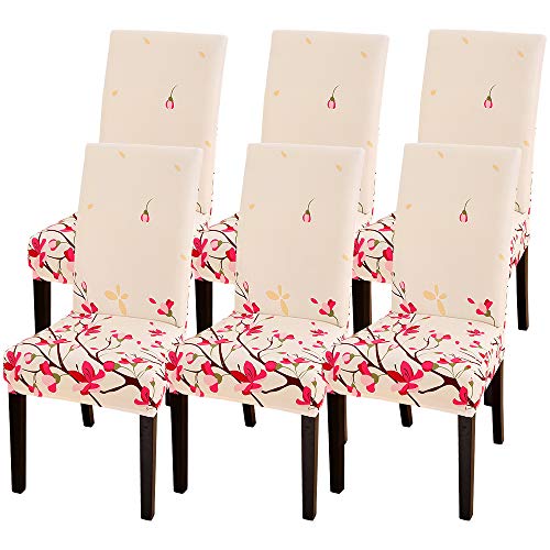 Funda de Silla Estampada ,Cubierta de Silla Comedor Elástica 6 Piezas,Extraíbles y Lavables,Moderna Funda Protector para Silla Comedor,Cocina,Sala de Estar,Hotel,Restaurante(Flor de Melocotón,6 PCS)
