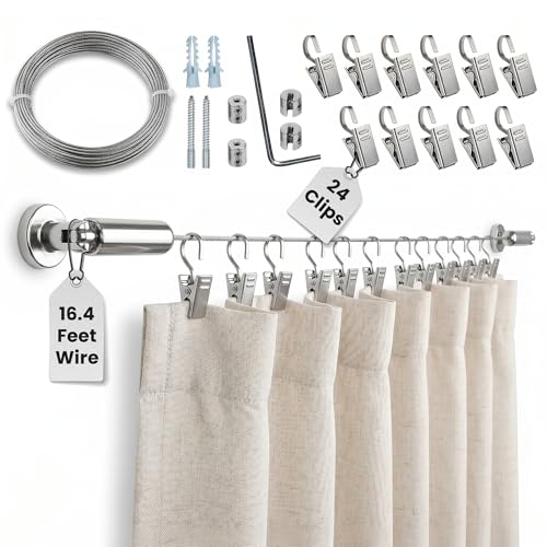 UrbanRed Curtain Wire Rod Set 16.4 ft Stainless Steel Rod Set with 24 Clips
