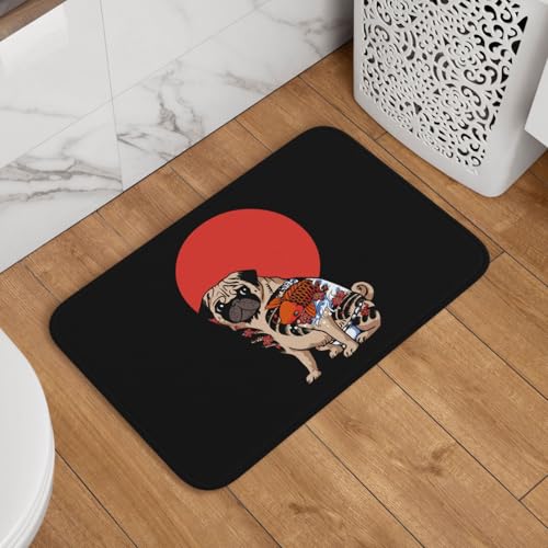 玄関マット パグ 犬 浮世絵 和風 ドアマット 室内 屋外 バスマット おしゃれ 泥落とし 洗える 滑り止め 足拭きマット 浴室 台所 寝室 業務用 四季通用 60cm×40cm
