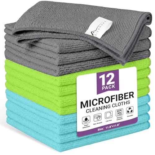 Image of 12 Pack Microfiber Cleaning Cloth, 3 Assorted Colors Cleaning Rags for Housekeeping, Colorful Reusable Microfiber Towels for Car, Kitchen, Bathroom and Household Cleaning Supplies, 11.8 inchX11.8 inch