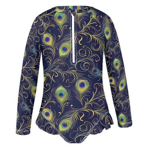 Abstract Peacock Feathers Girls Long Sleeve Swimsuit Rash Guard One Piece Bathing Suits Zipper 3-12T2