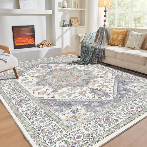 OPPODREAM Soft 10x14 Area Rugs, Washable Rugs 10x14 with Non Slip Backing, Low-Pile Faux Cashmere 10 x 14 Carpet, Purple & Green & Cream