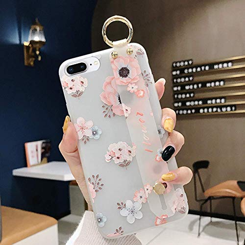 Robinsoni Case Compatible with iPhone 8 Plus Semi-Transparent Floral Flower Pattern Cover for Girls Women TPU Silicone Wrist-Band & Mental Ring Case Glitter Floral Cover Shockproof Bumper Back Case