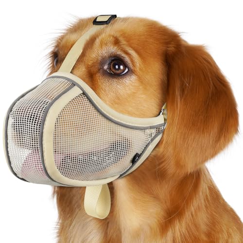 Mayerzon Dog Muzzle to Prevent Biting Scavenging Chewing, Soft Mesh Puppy Muzzles for Small Medium Sized Dogs, Breathable Reflective Adjustable Mouth Guard for Grooming Walking Training (S, Khaki)