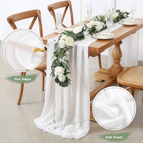 White Table Runner 10 Packs 14x120 Inches Chiffon Fabric Table Runners for Wedding Ceremony Decoration Valance Table Swags