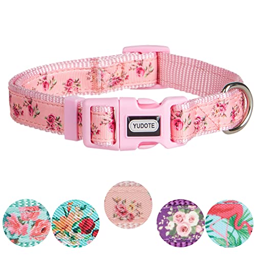 YUDOTE Adjustable Pink Nylon Dog Collar Large with Floral Patterned Ribbon for Lively Female Dogs Neck 40-66cm