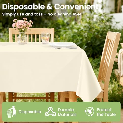 Image of LANLISA 4 Pack Ivory Tablecloth Plastic, 54 x 108 Inch Rectangle Table Cloth Disposable, Thanksgiving Decorations, Harvest, Fall Tablecloths, Beige Plastic Cover, Cream