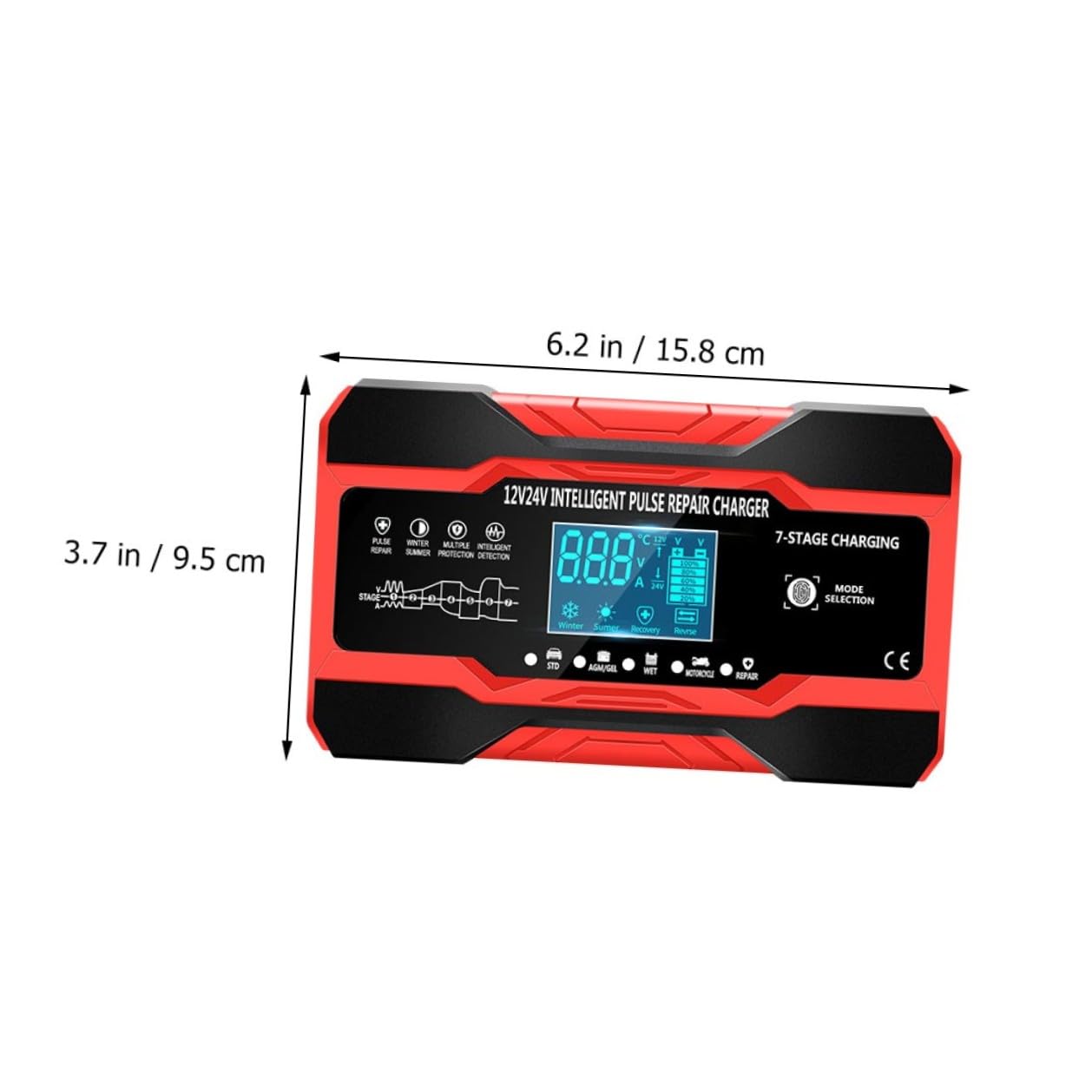 ABOOFAN Chargeur de Batterie Intelligent Écran Digital 12v/24v Fonction Réparation, Protection Courts-Circuits Couleur Rouge pour Voiture et Moto et Usage Extérieur