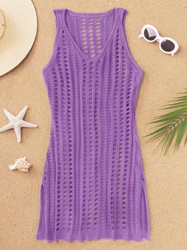Image of Bellelily Swimsuit Coverup for Women Bathing Suit Cover ups Crochet Beach Tank Dress Hollow Out Slit Bikini Cover Up Dresses