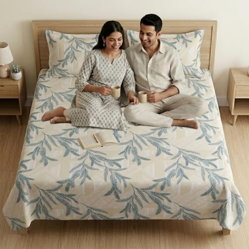 Image of Mafatlal King Size Bedsheet, Beige with Blue Leaf Print, 186 TC Metro Cotton, 108 x 108 Inch, Soft & Breathable, with 2 Pillow Covers | Cream Blue 2