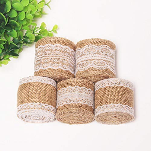 Image of Eshopgift Hessian White Lace Burlap Craft Ribbon for Vintage Home Decor (5pcs)