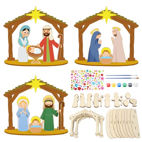 Fennoral 12 Pack Nativity Craft Kit for Kids Make You Own Nativity Scene Decoration DIY Coloring Wooden Religious Christian Craft for Classroom Art Activities Sunday School Birthday Decoration