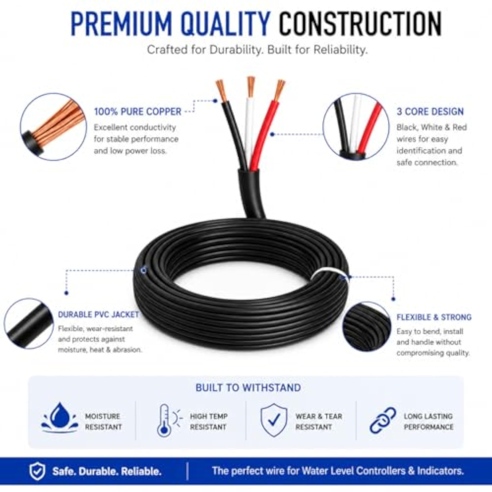 3 Core Wire for Water Level Controller & Indicator, 30 MTR