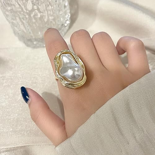GIGB PBDK 18k Gold Irregular Pearl Ring for Women,Gold Plated Adjustable White Baroque Pearl Finger Rings,Dainty Statement Jewelry for Wedding Party2