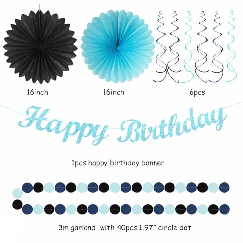 Image of Light-Royal Navy-Blue Black Birthday Party-decorations - 21pcs Boys Men Happy Banner,Paper Streamers Lanterns Honeycomb,Tissue Pom Poms Fan,Adult Supplies Decor 16th 20th 40th 45th 50th 60th Huglony