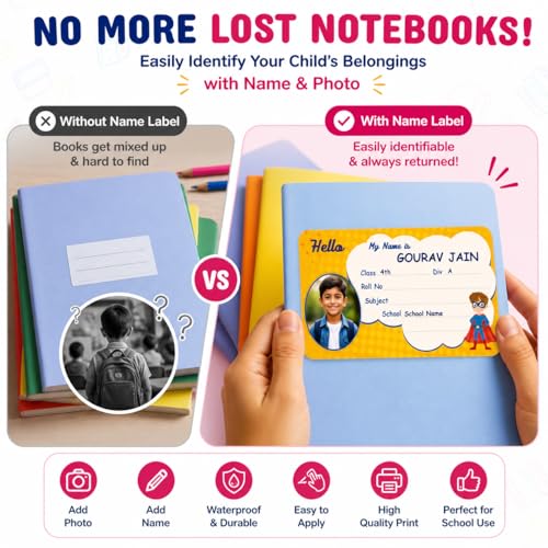 Image of Personalized Name Labels for Kids | Custom Photo Name Stickers for School Books, Notebooks | Waterproof Self Adhesive Book Labels (30 Pcs) | Name, Class, Div, School | 3.5 x 2 Inch (BDS-2)