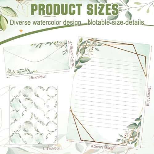 Image of TaoBary 160 Pcs Stationery Paper Set 50 Double Sided Stationery Papers with 50 Matching Envelopes and 60 Round Dot Sticker, 10 Design(Green Leaves,8.5 x 11 Inch)