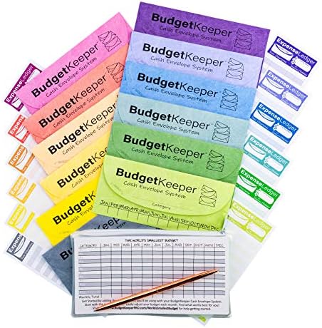 Cash Envelope System-Budget Envelopes-Budget Keeper-12 Assorted Colors-Tear and Water Resistant-12 Expense Ledgers, Pen, Zipper Case Included