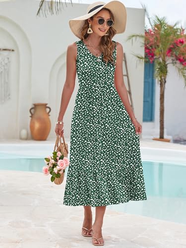 Image of AUSELILY Womens Summer Maxi Dress Casual Sleeveless V Neck Floral Dresses | A line shape with practical side pockets, Vacation dress for resort walks, Pair with low heels and simple jewelry