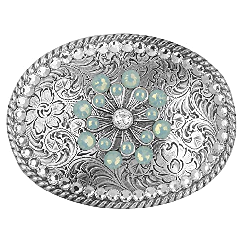Silver-Plated Two-Tone Belt Buckle (Green Crystal) #TOP14