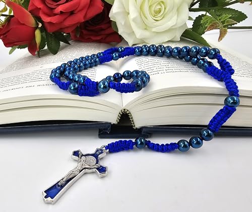 TALISMAN4U Colar de terço católico com contas de hematita azul de 8 mm para homens, crucifixo, medal