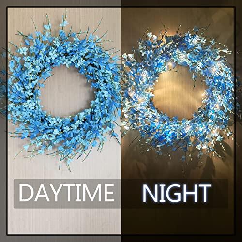 22 Inches Artificial Blue Forsythia Wreath, Natural Vine Wreath, Spring/Summer Front Door Wreath With Hook And Light String, For Wedding Window Home Wall Indoor Front Door Decor #TOP2
