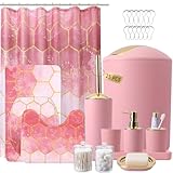 25 Pieces Bathroom Set Pink and Gold Bathroom Accessories Set, Shower Curtain and Rugs, Trash Can, Toilet Brush, Soap Dispenser, Soap Dish, Toothbrush Holder, Tumbler, Tray, Qtip Holder for Home Decor