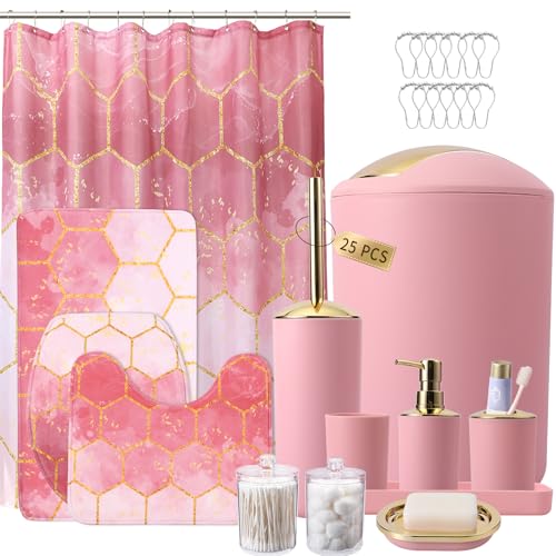 25 Pieces Bathroom Set Pink and Gold Bathroom Accessories Set,