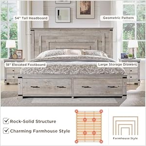 Redlemon farmhouse king size bed frame w 54 tall geometric headboard rustic wood platform bed w 2 large storage drawers wood slats support noise free no box spring needed light rustic oak  urban country home decor