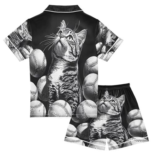 ALAZA Baseball Cat Kitten Funny Satin Pajamas Set Short Sleeve Button Down Sleepwear Summer Pjs 2 Piece2