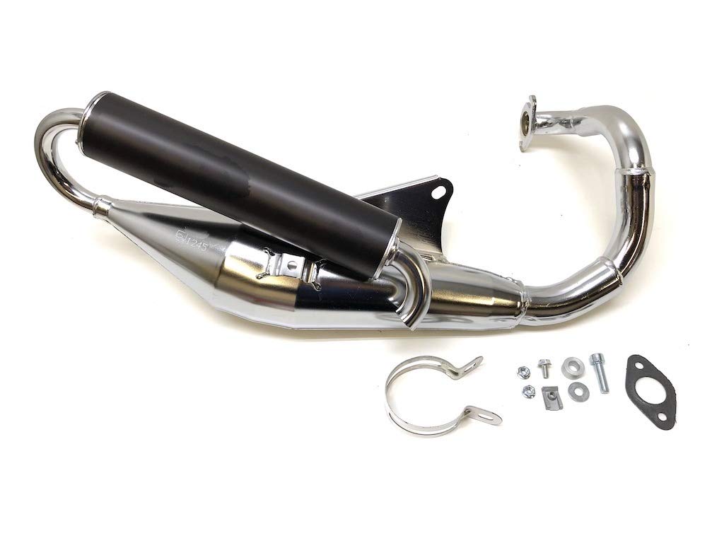 Sportauspuff Chrom mit E-Prüfzeichen passend für Peugeot Buxy, Elystar, Looxor, Speedfight 1 2, TKR, Trekker, Vivacity 50 AC LC – Tuning Auspuff für stehende Zylinder